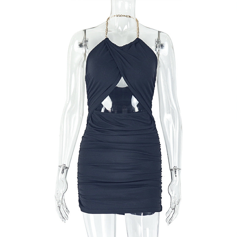 Gold Chain Halter Cross-Front Cutout Ruched Bodycon Mini Dress