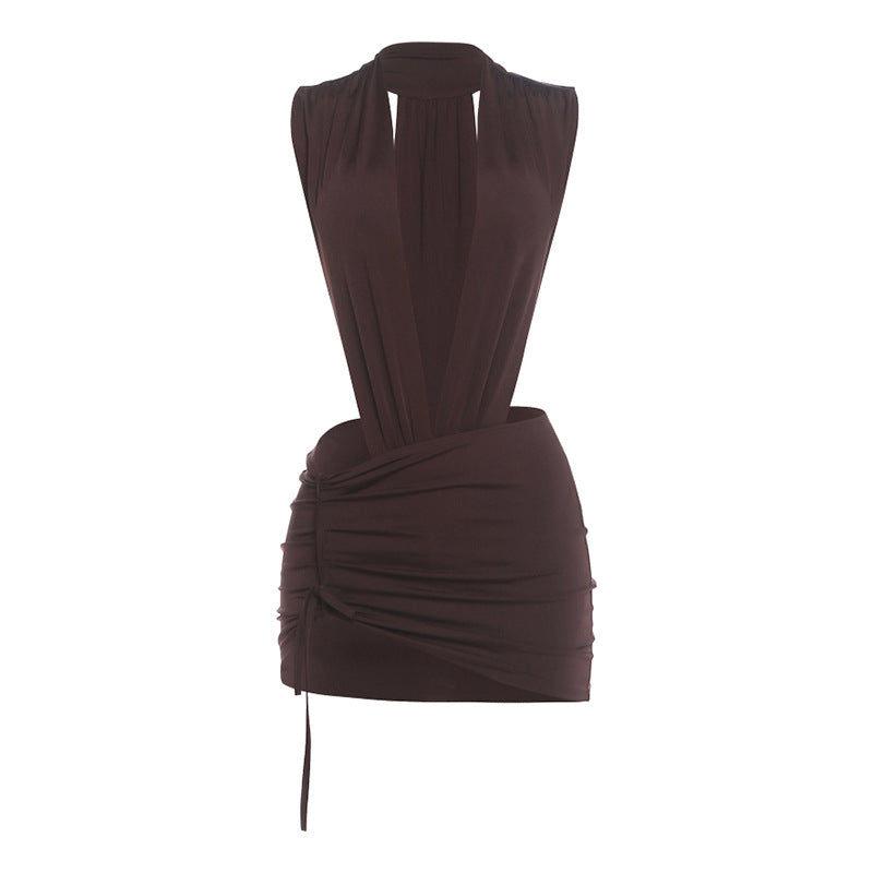 Deep Plunge Halter Top & Ruched Asymmetric Mini Skirt Set