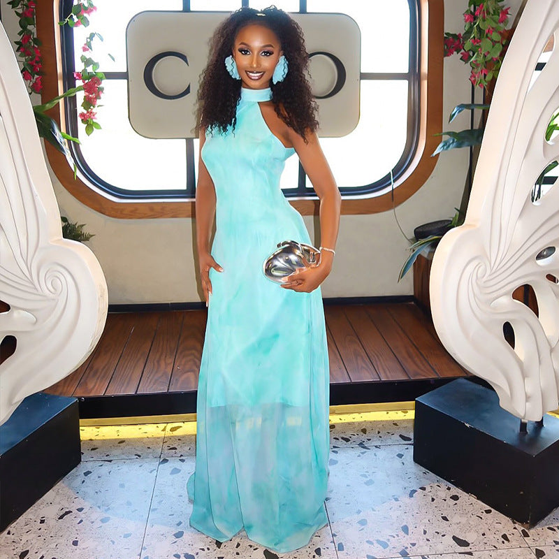 Aqua Turquoise Semi-Sheer Chiffon Sleeveless Halter High Stand Collar Backless Slim A-Line Floor-Length Maxi Dress