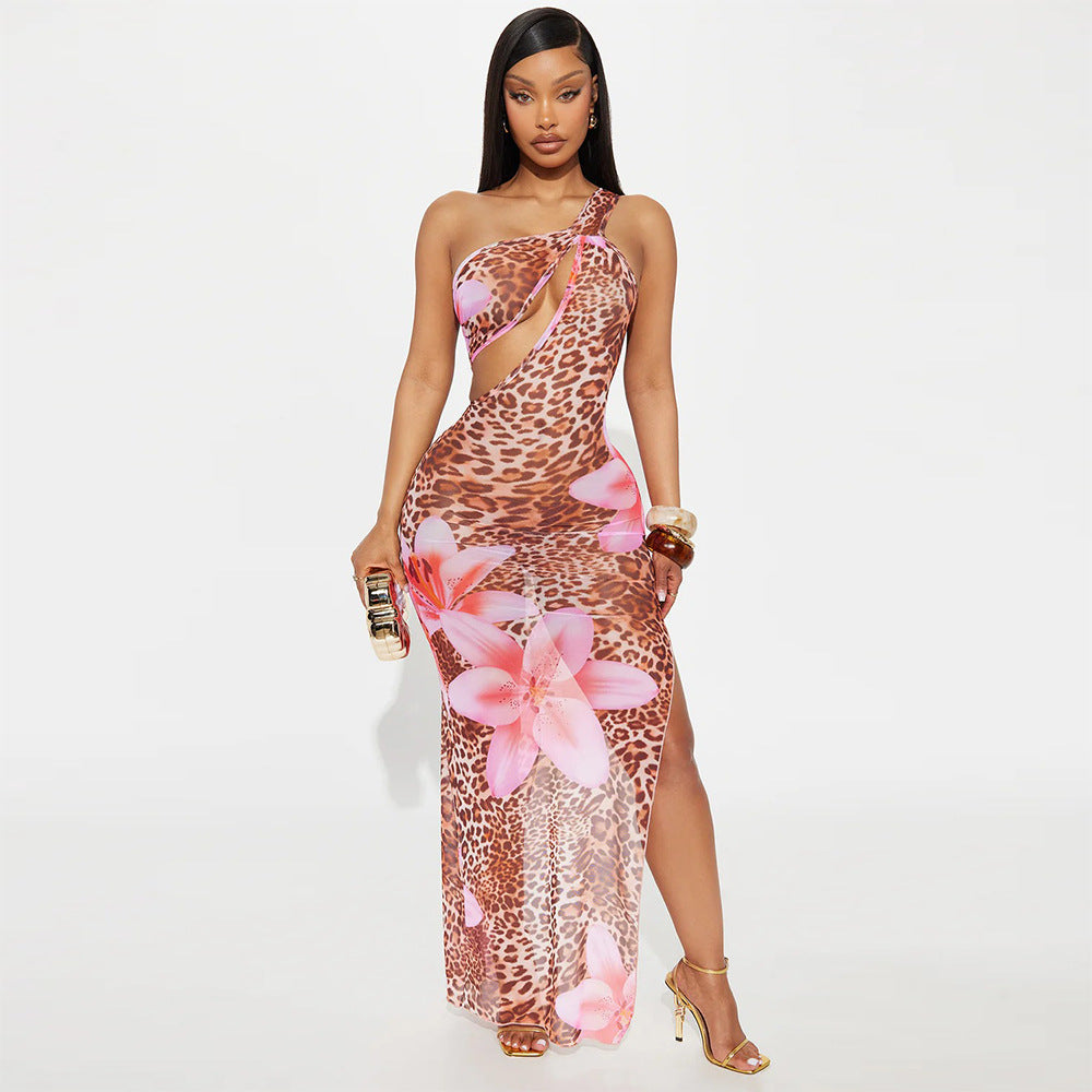 Leopard & Floral Print One-Shoulder Cutout Mesh Maxi Dress