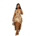 Satin Deep Plunge Halter Dress | Multi-Tier Ruffle Asymmetric High-Low Train & Keyhole Detail