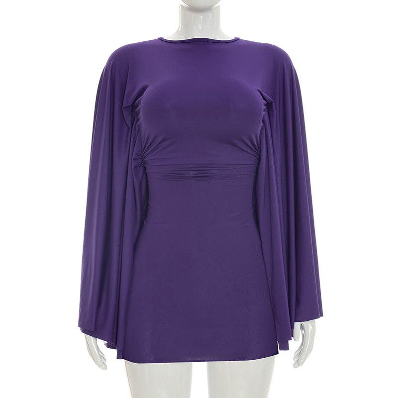 Dolman Batwing Sleeve Ruched Waist Backless Bodycon Mini Dress | Crew Neck