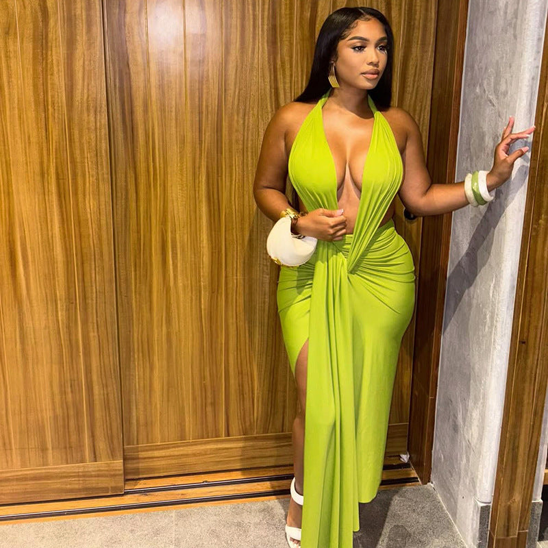 Deep Plunge Halter Open Back Ruched Asymmetric Gathered Wrap Drape High Slit Bodycon Maxi Dress