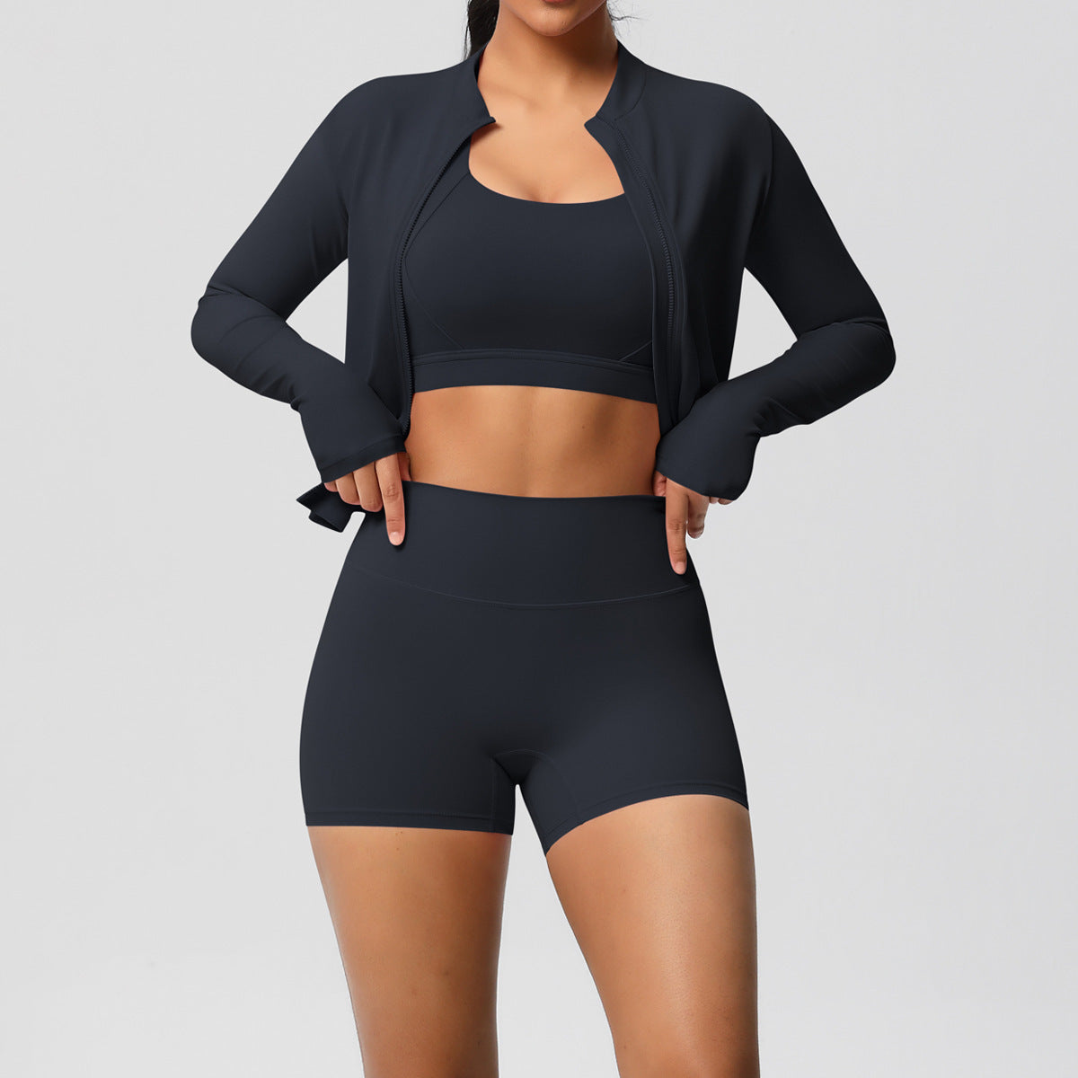3-Piece Zip Jacket, Sports Bra & Biker Shorts Activewear Set