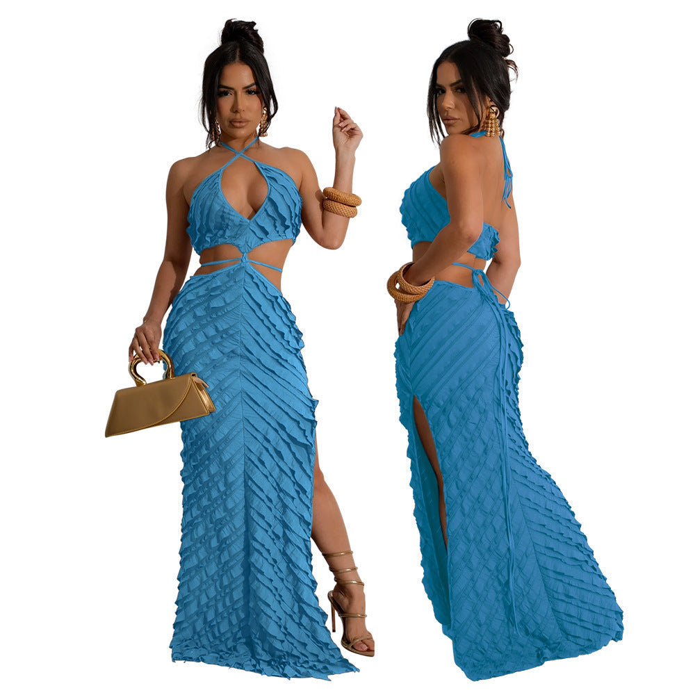 Petal Party Ruffle Halter Cutout High Slit Maxi Dress