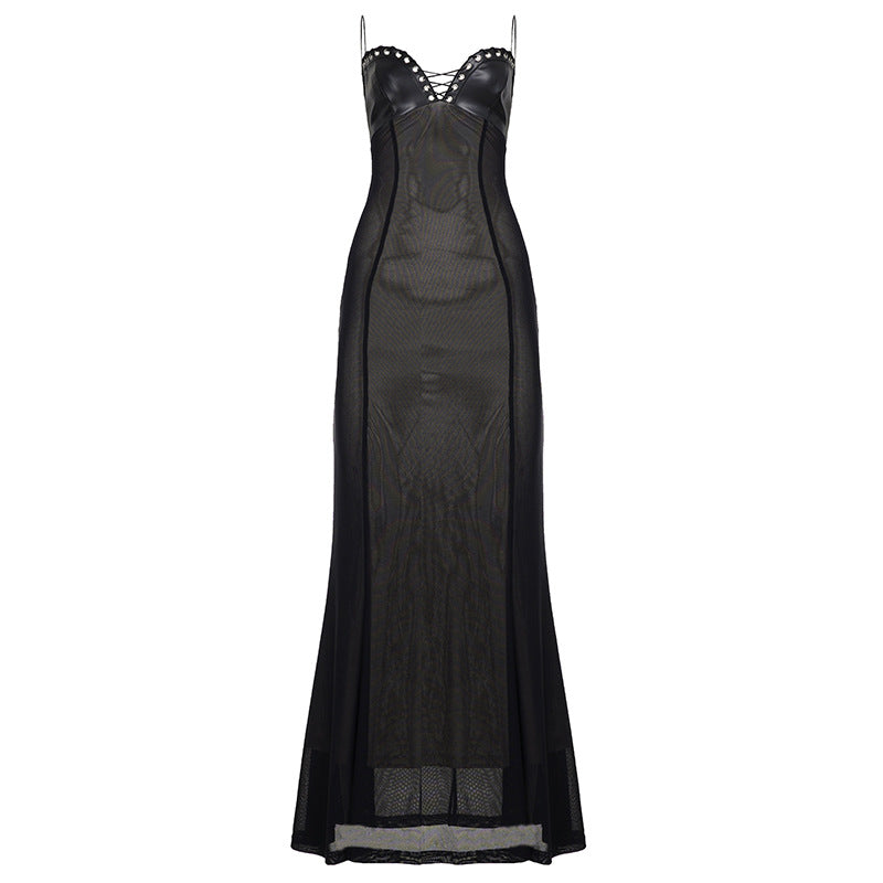 Halter Tie Strap Faux Leather Lace-Up Bustier Semi-Sheer Mesh Body-Mapping Fishtail Maxi Gown