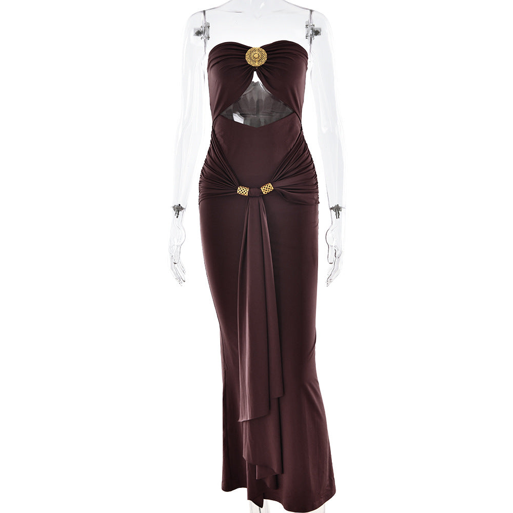 Strapless Sweetheart Cutout Ruched Maxi Dress with Gold Hardware