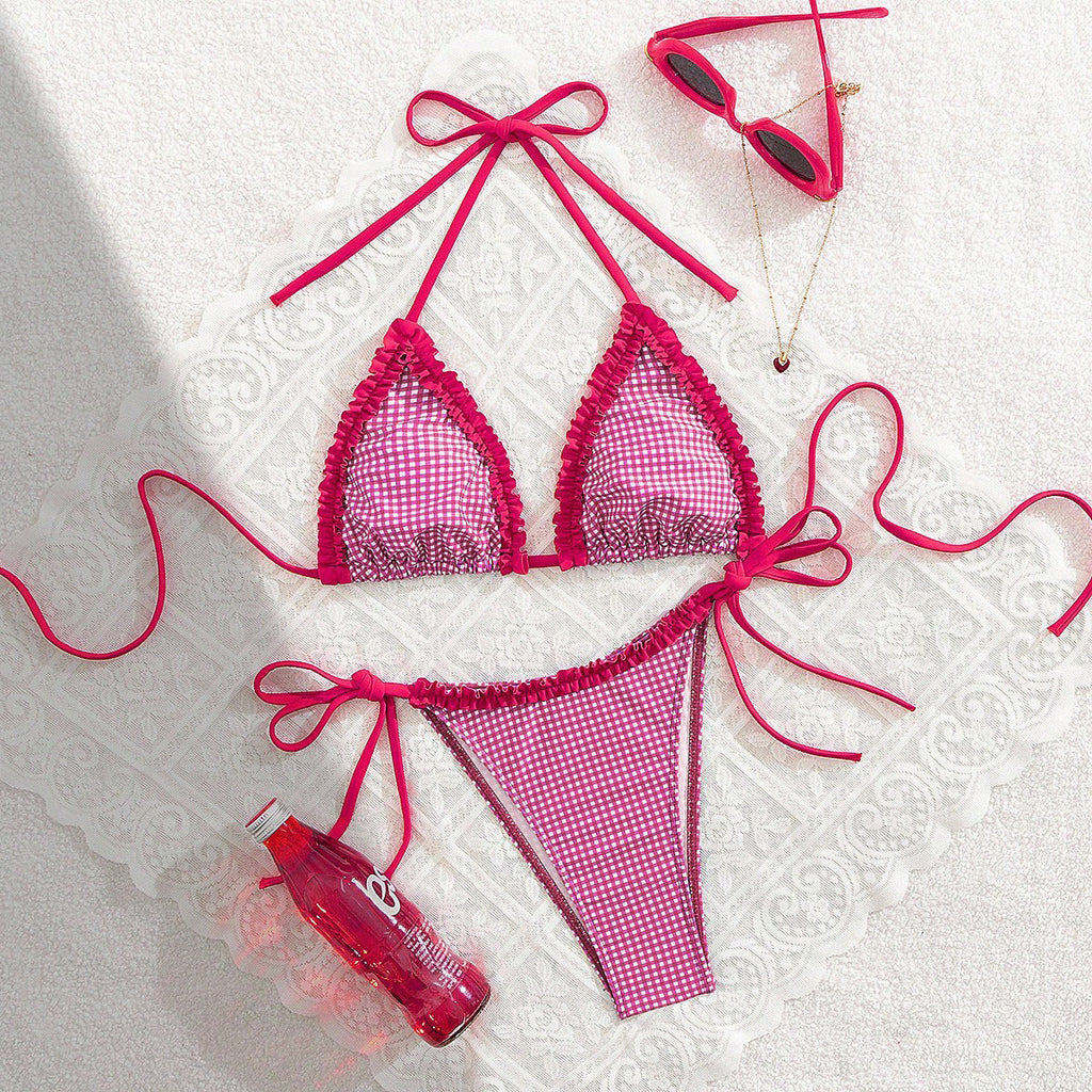Gingham Check Ruffle-Trim Triangle Halter Bikini Set | Tie Strings & High-Cut Bottoms