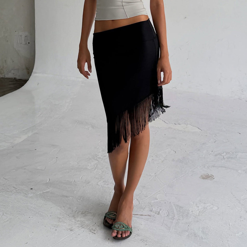 After Dark Asymmetric Fringe Hem Ruched Bodycon Midi Skirt