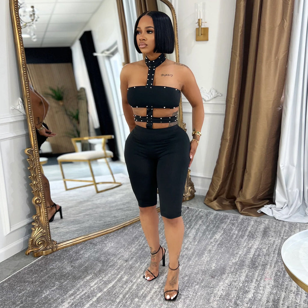 Studded Halter Cutout Banded Waist Biker Jumpsuit | Going-Out Dark Luxe