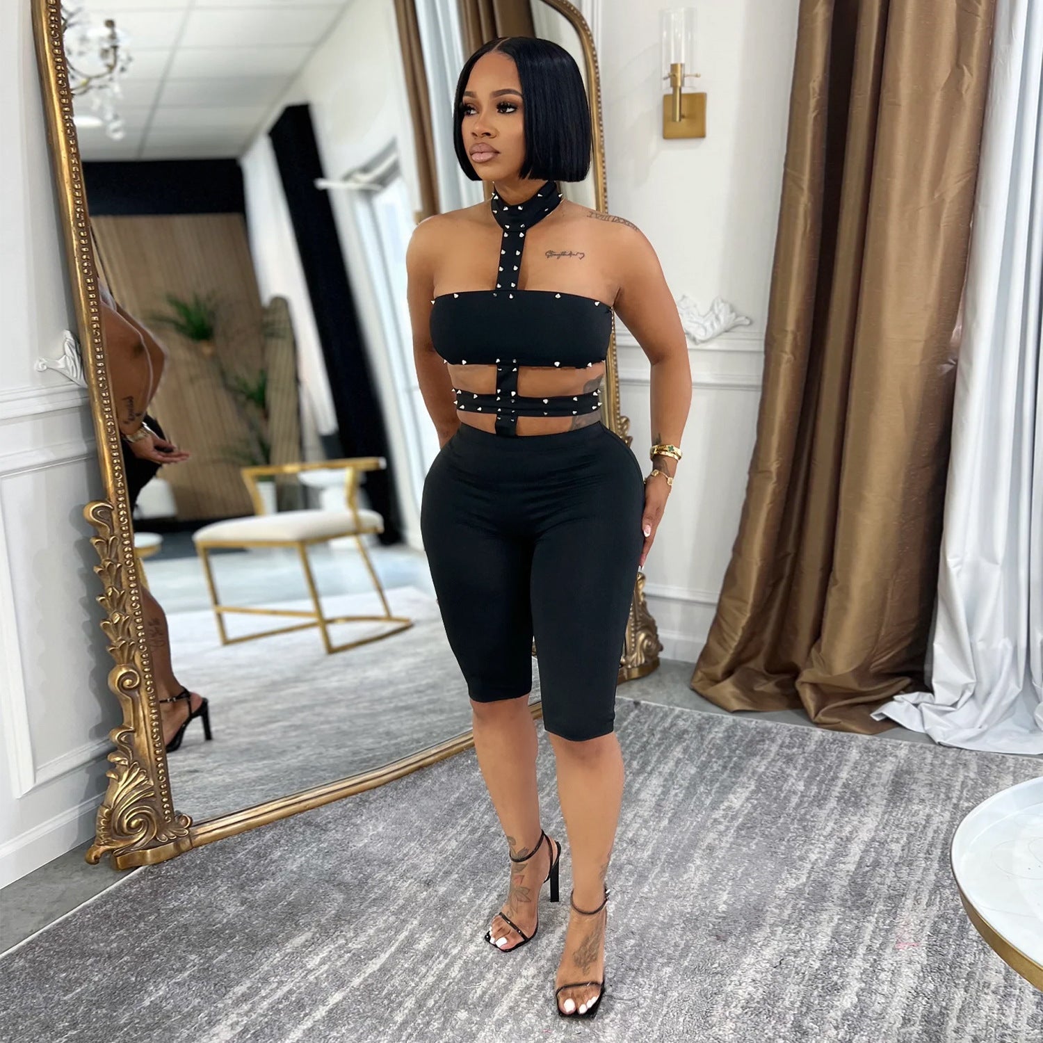 Studded Halter Cutout Banded Waist Biker Jumpsuit | Going-Out Dark Luxe