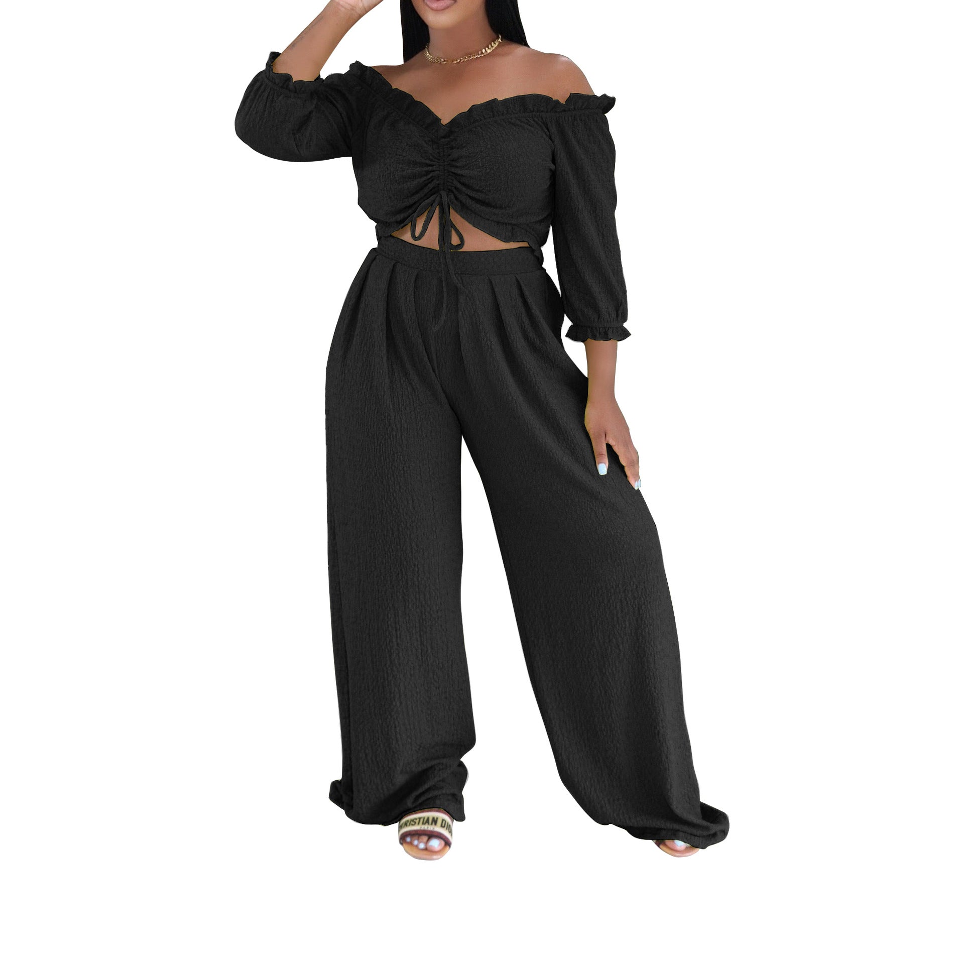 Off-Shoulder Ruched Crop Top & Wide-Leg Palazzo Pants Set | Drawstring & Puff Sleeves
