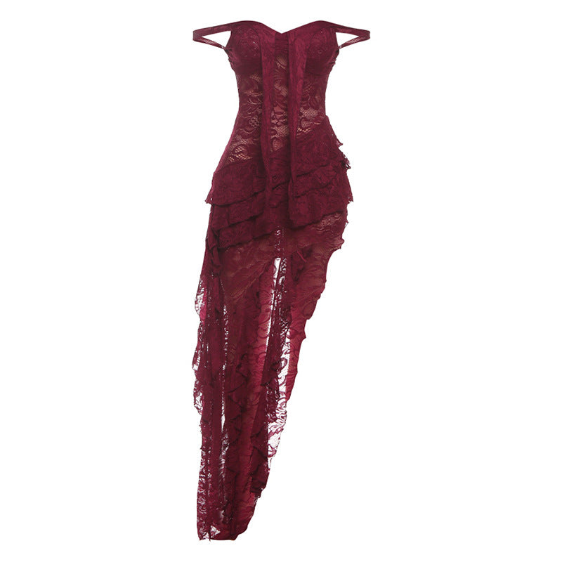 Sweetheart Off-Shoulder Lace Tiered Ruffle Asymmetric Maxi Dress