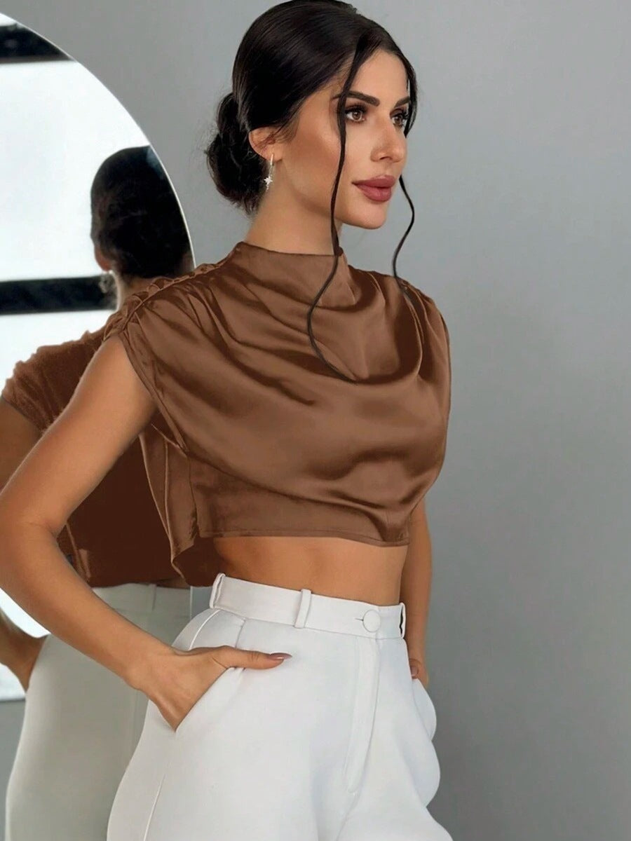 Satin Pleated Mock Neck Cap Sleeve Cropped Top