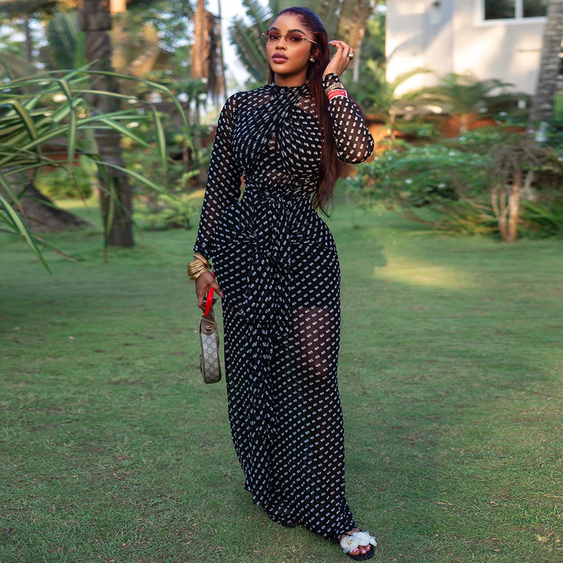 Polka Dot Turtleneck Bodycon Maxi Dress