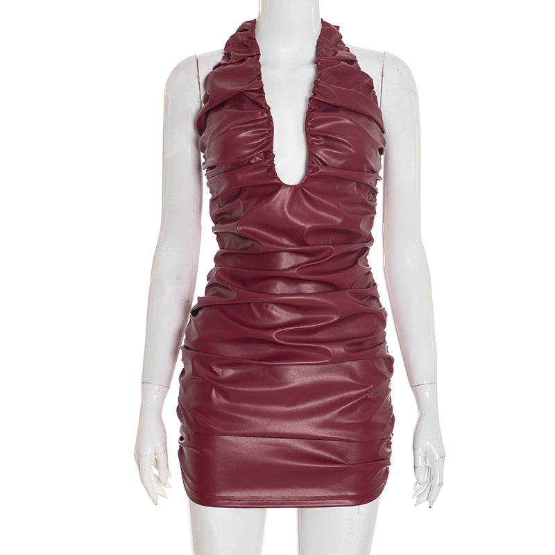Cherry Red Faux Leather Deep Plunge Ruched Halter Bodycon Mini Dress