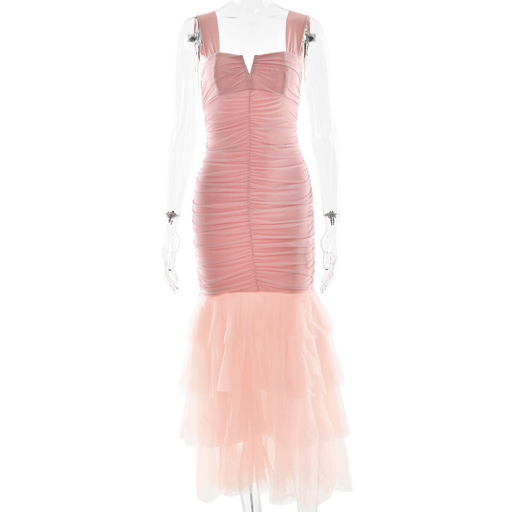 Ruched Bodycon Maxi Dress | V-Notch Neck Tiered Tulle Mermaid Hem