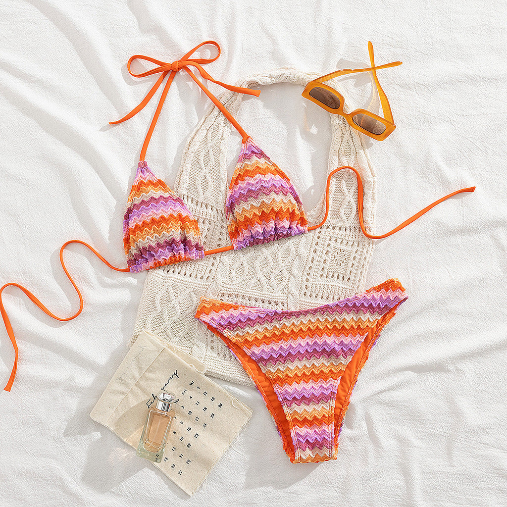 Chevron Crochet Triangle Halter Bikini Set | Zigzag Stripe & Orange Tie Straps