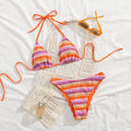Chevron Crochet Triangle Halter Bikini Set | Zigzag Stripe & Orange Tie Straps