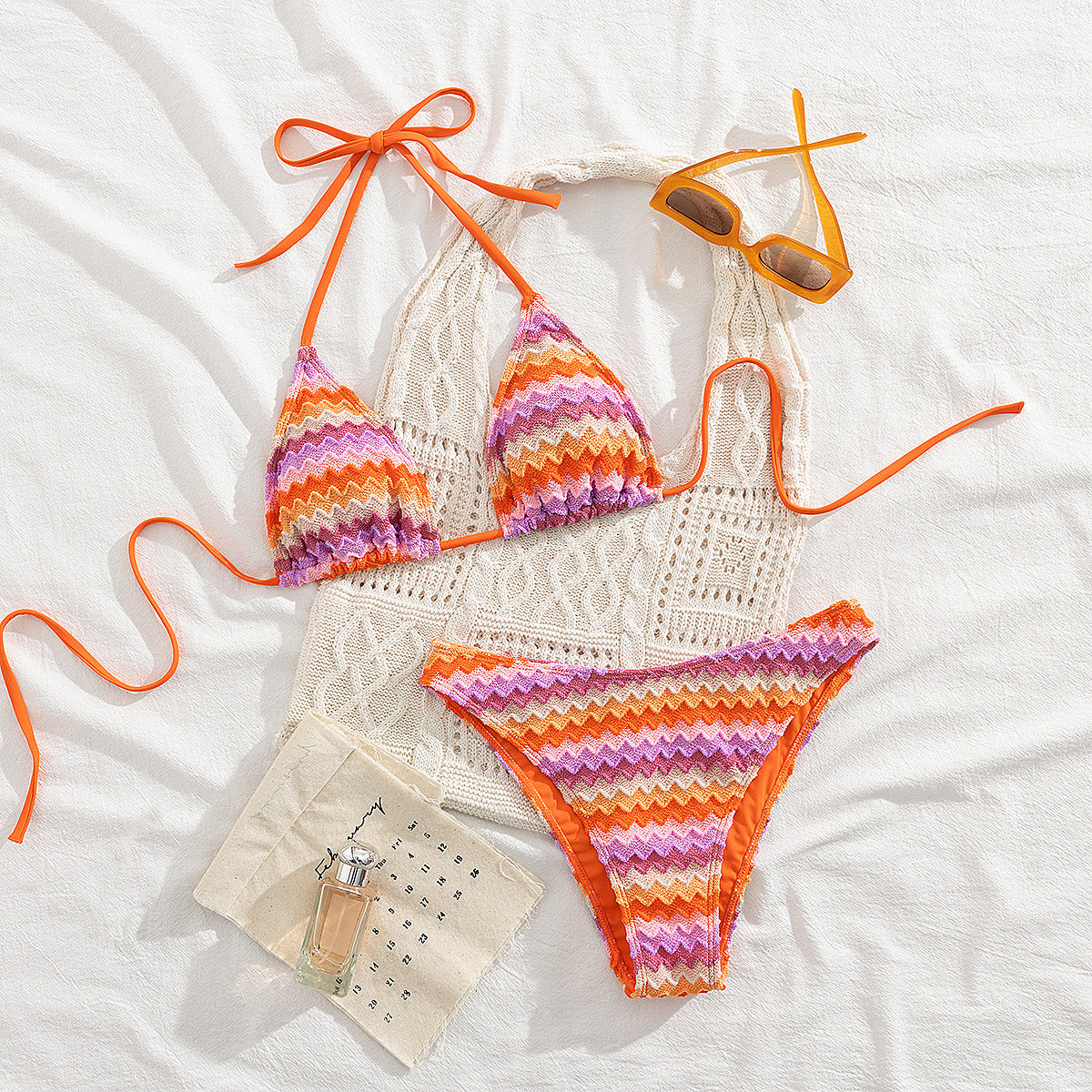 Chevron Crochet Triangle Halter Bikini Set | Zigzag Stripe & Orange Tie Straps