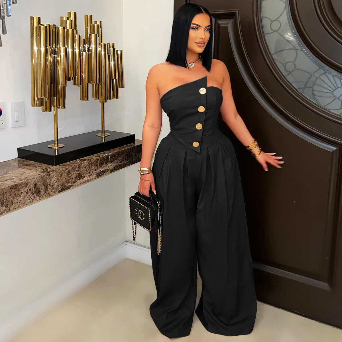 Old Money Asymmetric Gold Button Tube Top Wide-Leg Jumpsuit