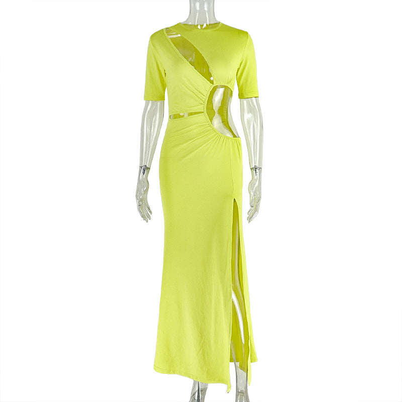 Short Sleeve Diagonal Slash Cutout Bodycon Maxi Dress | Ruched Waist & Front Side Slit
