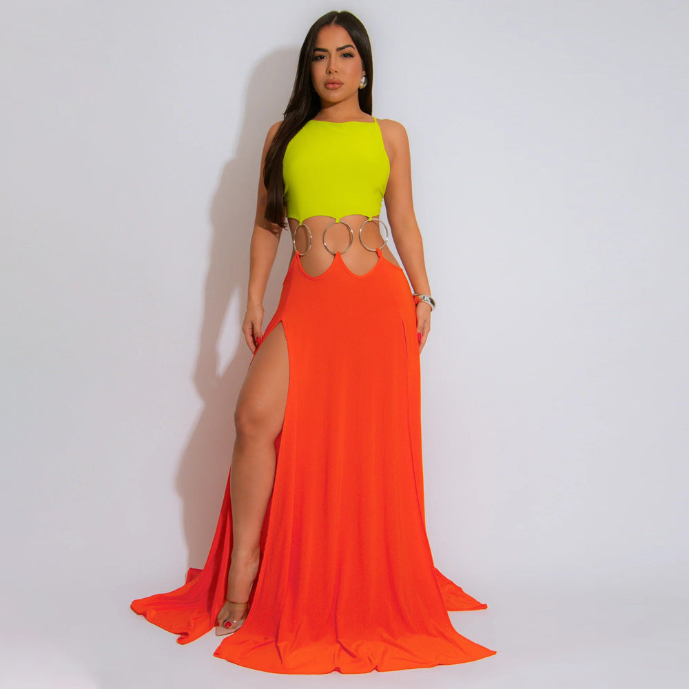 Sexy Lace up Backless High Slit Dress Women Solid Color