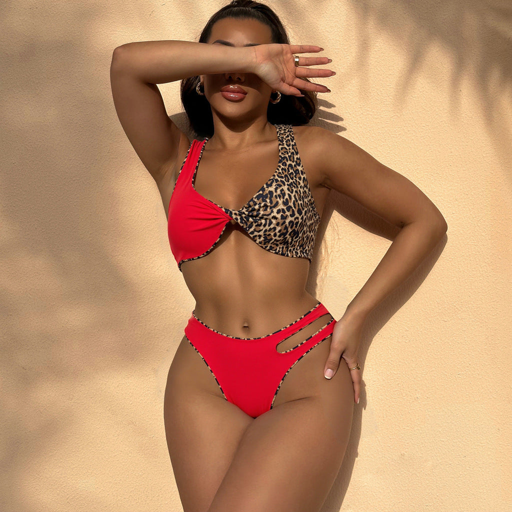 Red & Leopard Asymmetric Twisted Bikini Set