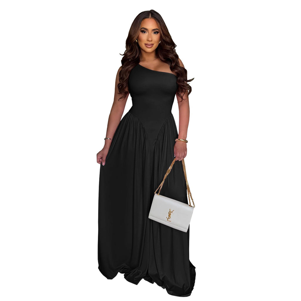 One-Shoulder Ruched Waist Voluminous Gathered Flowy A-Line Maxi Dress