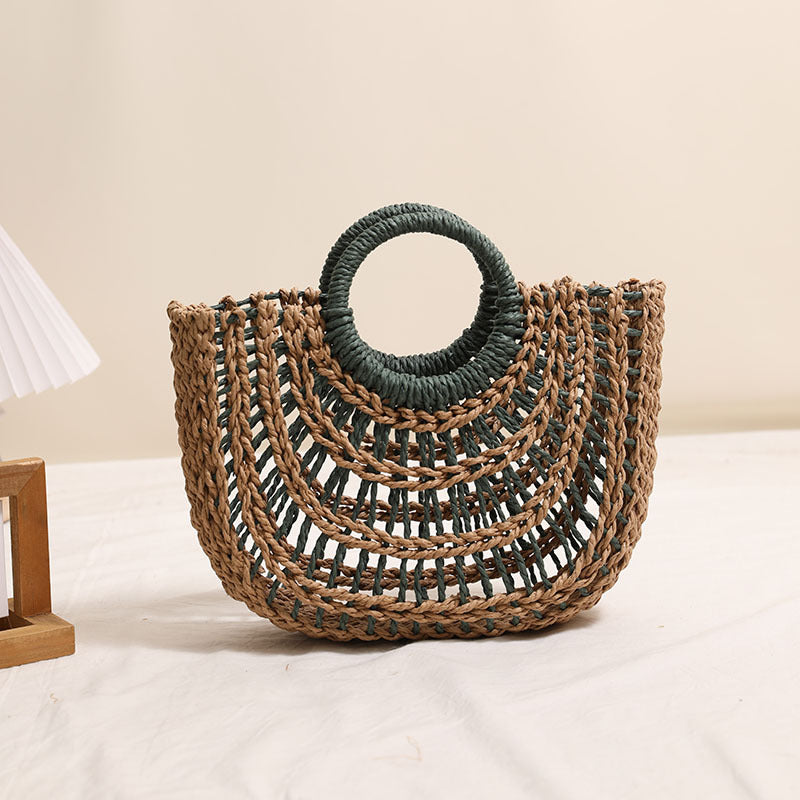 Open-Weave Semicircle Straw Tote Bag with Contrast Round Handle