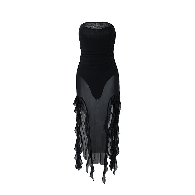 The Midnight Cascade Mesh Midi Dress