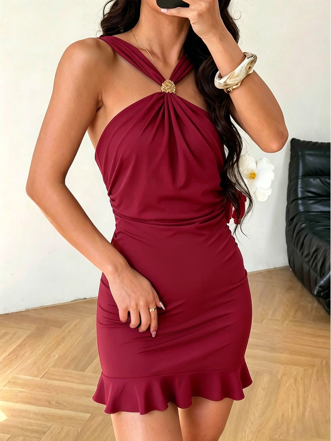 Black Criss-Cross Halter Ruched Bodycon Mini Dress