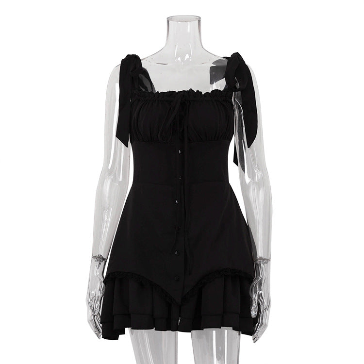 Garden Party Tie-Shoulder Lace-Up Ruffle Hem Mini Dress
