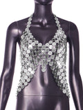 Silver Mirror Disc Chainmail Halter Backless Crop Top