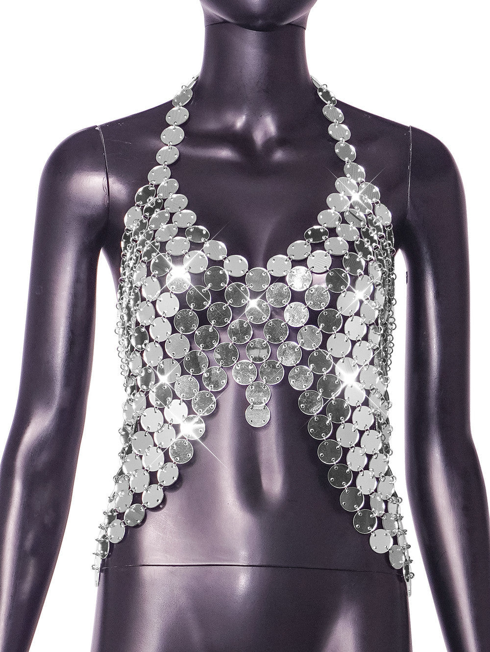 Silver Mirror Disc Chainmail Halter Backless Crop Top