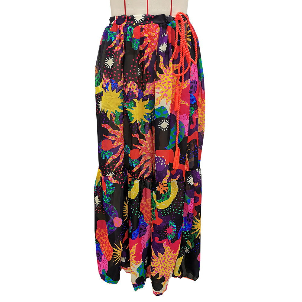 Tropical Print Long-Sleeve Cutout Tie-Front One-Piece Swimsuit