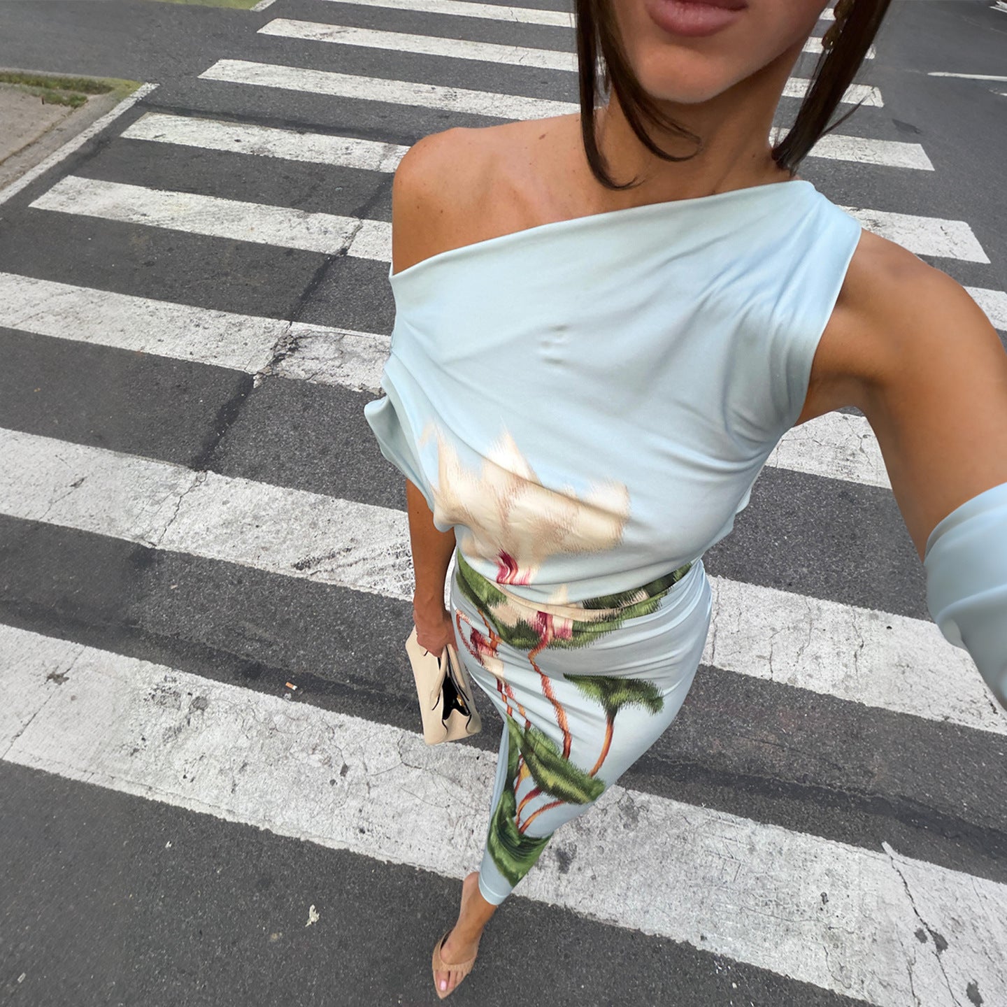Botanical Print One-Shoulder Ruched Asymmetric Bodycon Maxi Dress