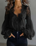Lace-Trim V-Neck Puff Sleeve Blouse