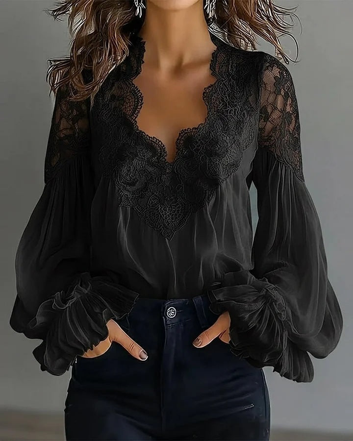 Lace-Trim V-Neck Puff Sleeve Blouse