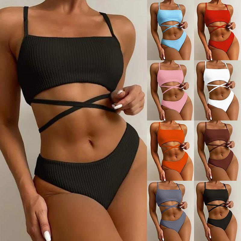 Criss-Cross Wrap Bikini Set – Ribbed Two-Piece Swimsuit