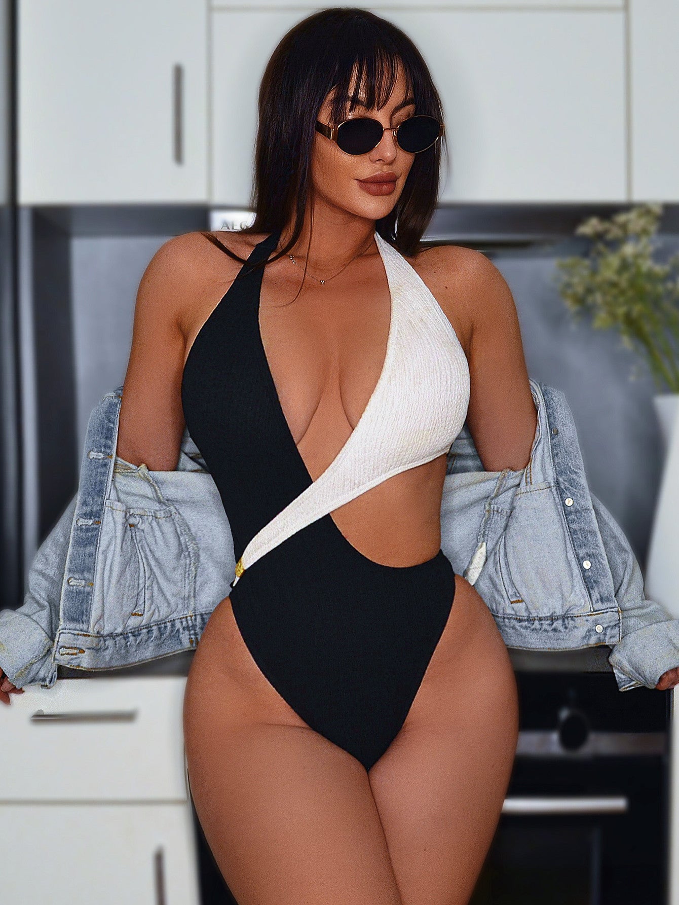 Black & White Color-Block Asymmetric Deep Plunge Halter One-Piece Swimsuit | Open Midriff & Gold Hardware