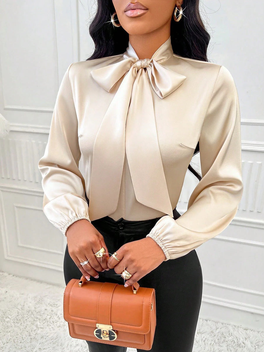 Satin Bow-Tie Neck Long Sleeve Blouse