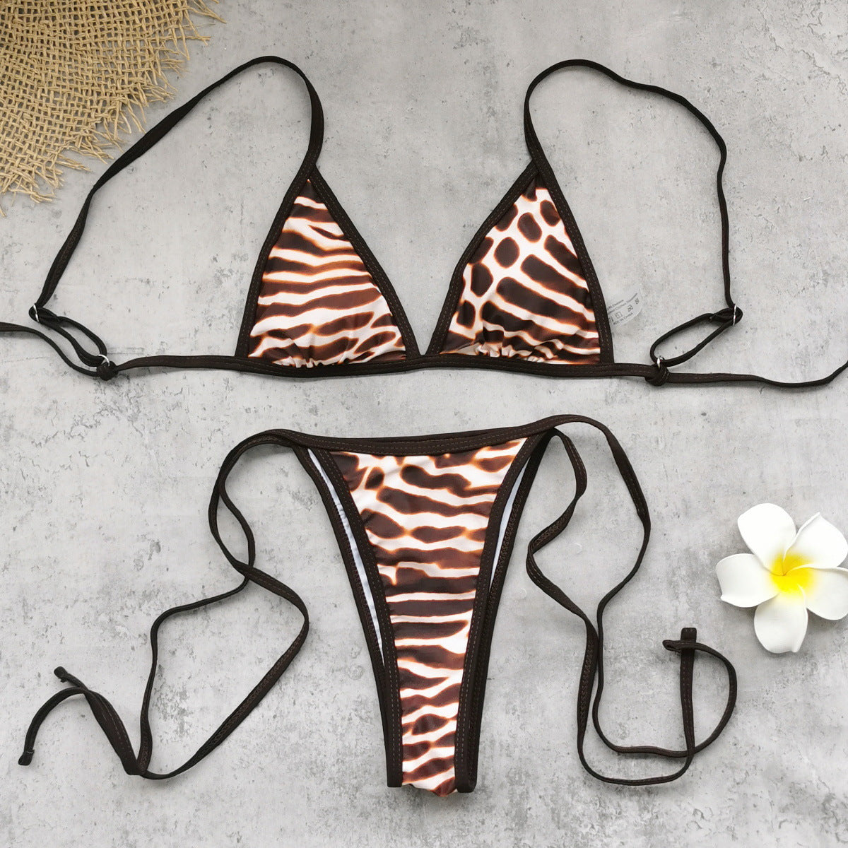 Mixed Animal Print String Triangle Bikini Set | Micro Thong Bottoms & Dark Trim