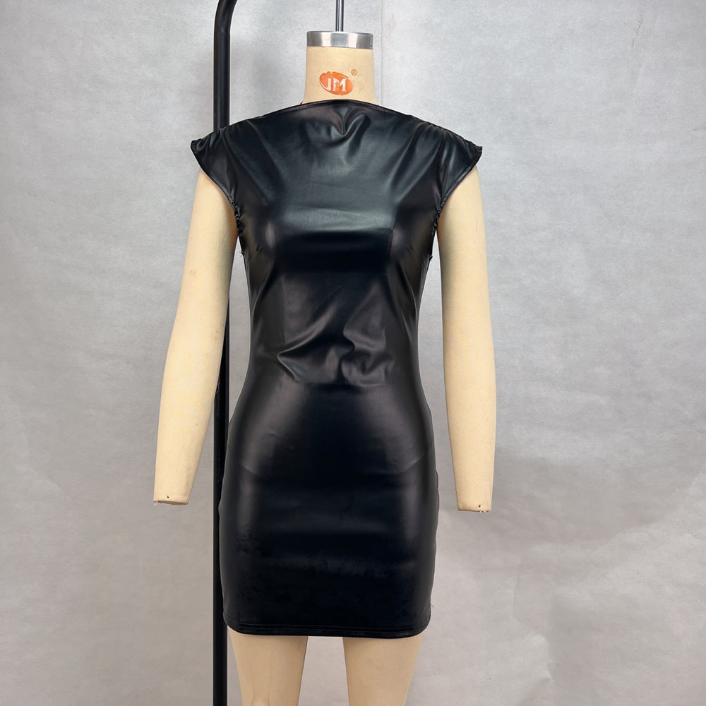 Faux Leather Sleeveless Ruched Bodycon Mini Dress