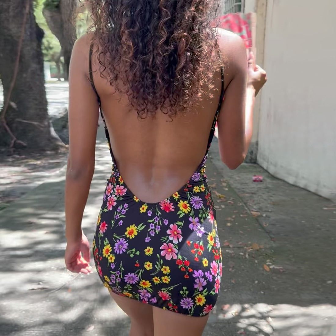 Wildflower Print Cross-Back Spaghetti Strap Backless Bodycon Mini Dress