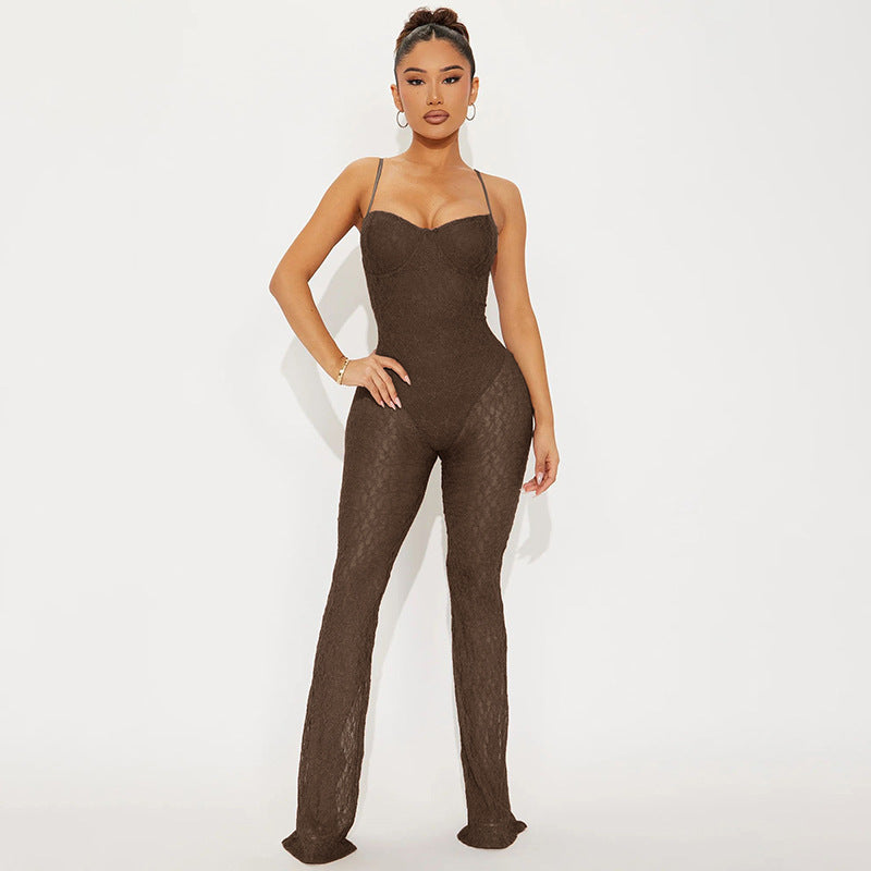 Spaghetti Strap Sweetheart Bodysuit & Sheer Lace Wide-Leg Jumpsuit