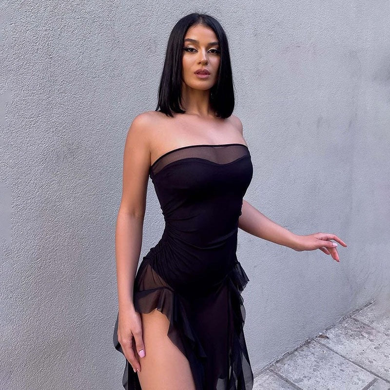 The Midnight Cascade Mesh Midi Dress
