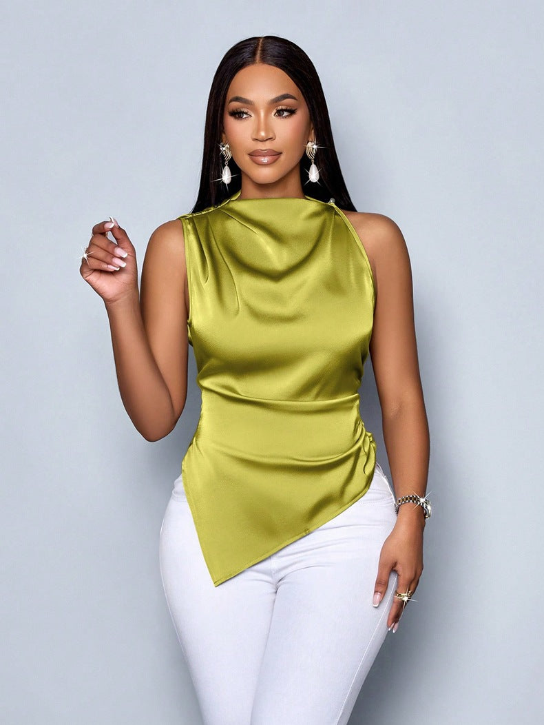 Satin Halter Neck Draped Ruched Asymmetric Hem Top