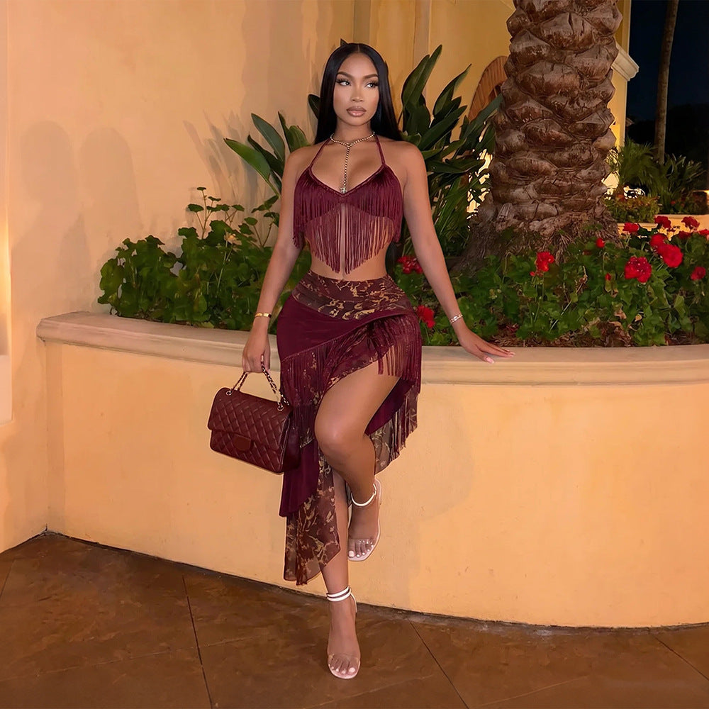 Wine & Dine Fringe Halter Top + Baroque Print Asymmetric Maxi Skirt Set