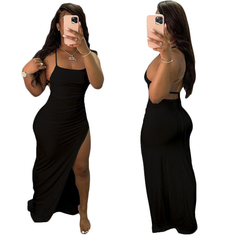 Spaghetti Strap Ruched Side Slit Backless Tie Bodycon Maxi Dress